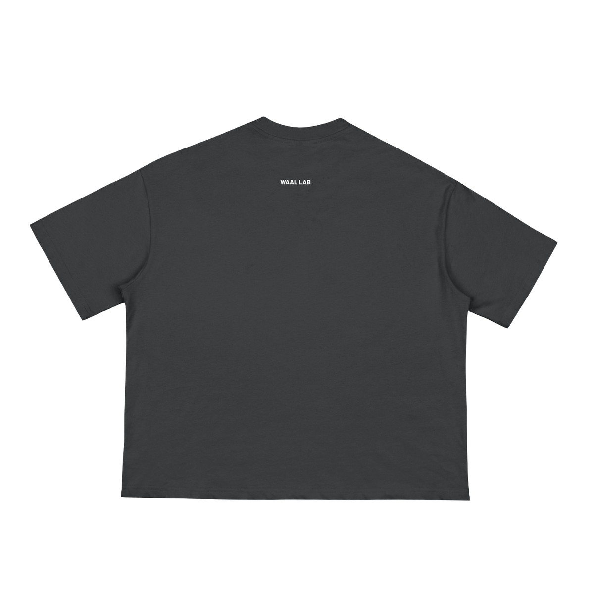 Back view of black WAAL LAB boxy tee with small white WAAL LAB mark below the collar