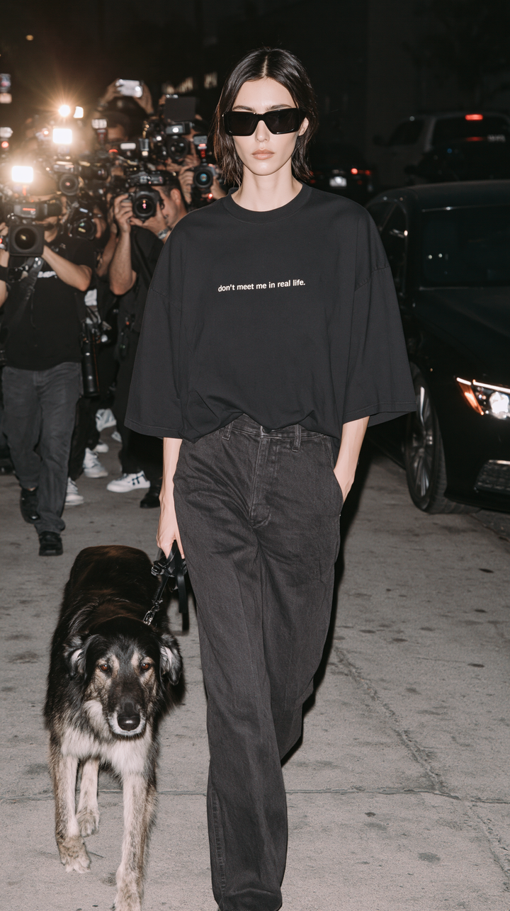 WAAL LAB campaign image of model in black “don’t meet me in real life.” boxy tee at night with paparazzi and a dog