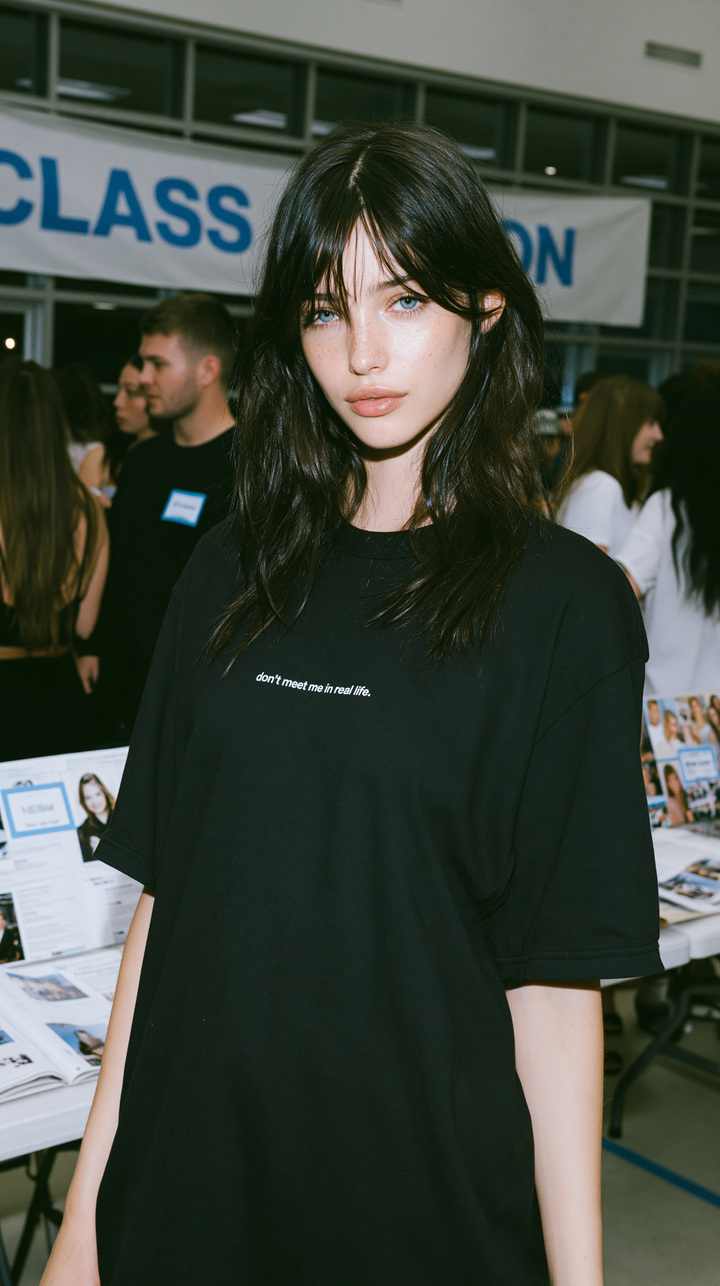 WAAL LAB campaign image of woman wearing black “don’t meet me in real life.” boxy tee at a public event